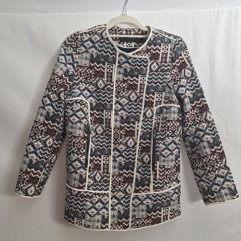 Zara Moto Jacquard Blazer Long Sleeve Textured Aztec Tribal Small Womens